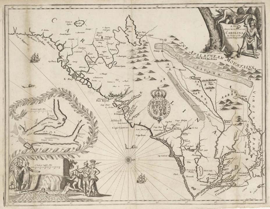 Un mapa de Carolina del Norte. El oeste es la cima y el norte está a la derecha. Se muestran ciudades, ríos, colinas y montañas. Dibujos de nativos americanos decoran las esquinas superior derecha e inferior izquierda.