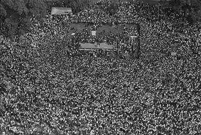 Thousands of demonstrators gather in protest. Aerial photo.