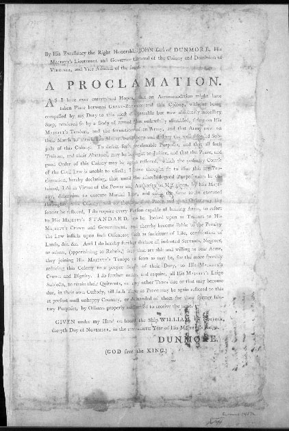 Image of the printed text of Lord Dunmore's Proclamation, made on November 7, 1775.  Part of the proclamation promised freedom to slaves who would leave their Patriot masters to join Dumore's forces and the British Army. 