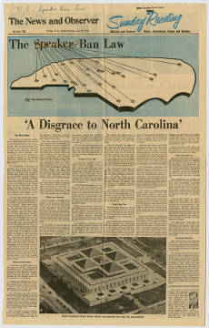 Newspaper editorial from 1965 critical of the speaker ban law from the News and Observer.