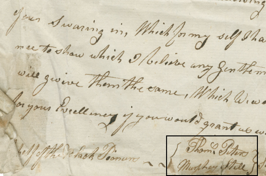 Cursive writing on a page. Murphy Steele and Thomas Peters petition the British colonial government for better land and wages for their history of service to the British monarchy.