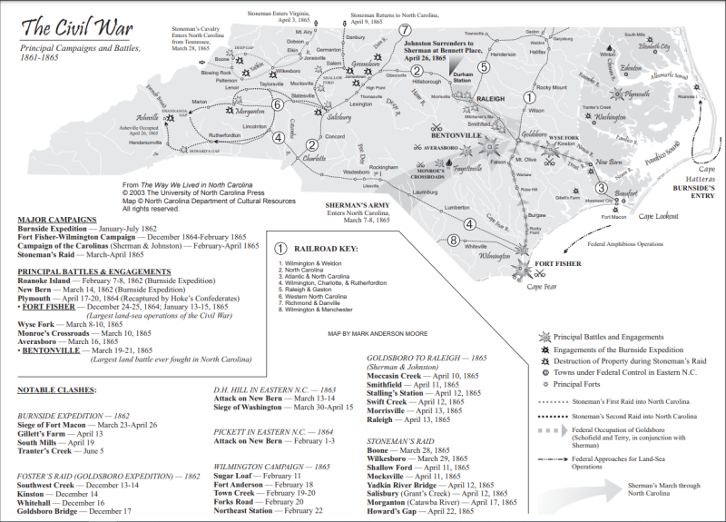 A map depicting notable engagements and battles of the Civil War in North Carolina. 