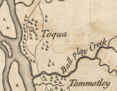 A map depicting the Cherokee town Toqua. The Tennessee River marks the western edge of the town.