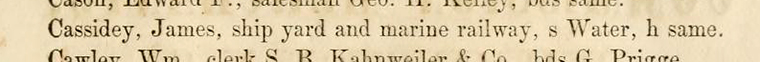 James Cassidey's listing in Kelley's Wilmington Directory, 1860. Image from Archive.org/University of North Carolina at Chapel Hill.