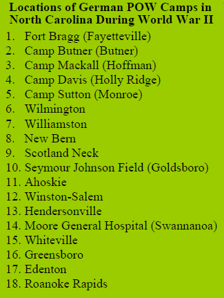 Locations of German POW Camps in NC during WWII