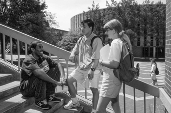 Students beside the “Brickyard” at North Carolina State University, with Harrelson Hall in the background. Photograph by Roger Winstead. Courtesy of North Carolina State University.