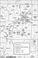 Map of The Great Wagon Road and its offshoots in North Carolina, 1750-1780. By Mark Anderson Moore, courtesy North Carolina Office of Archives and History, Raleigh. (Click to view map.)