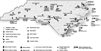 Principal military installations, camps, industries, and facilities during World War II. Map by Mark Anderson Moore, courtesy North Carolina Office of Archives and History, Raleigh. (Click to view map.)