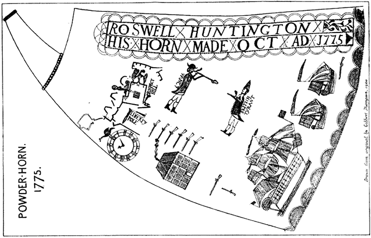 An engraved powder horn attributed to Roswell Huntington. Thompson, Gilbert. "Powder Horn 1775." Drawing. Journal of the Military Service Institution of the United States 33, no. 125 (September-October 1903).  262.