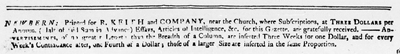 Publisher's imprint of Robert Keith, publisher of the <i>North Carolina Gazette</i> (New Bern, NC), issue dated September 2, 1784. North Carolina Digital Collections. 