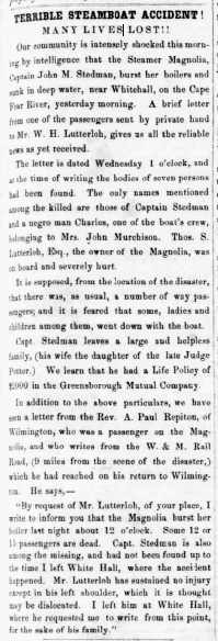 "Terrible Steamboat Accident! Many Lives Lost,"  February 18, 1858, the <i>Fayetteville Observer</i> (Fayetteville, NC). 