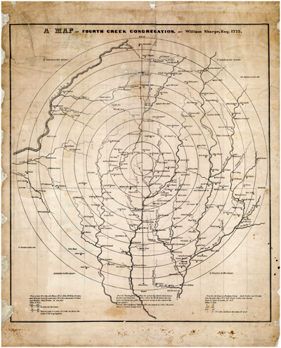 Map of Fourth Creek Congregation, Iredell County, North Carolina, published 1847, based on a map originally drawn by William Sharpe in 1773. From the collections of the State Archives of North Carolina.  Presented on NC Maps.