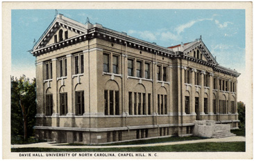 Postcard image of Davie Hall at the University of North Carolina, Chapel Hill, circa 1908.  From the Durwood Barbour Collection of North Carolina Postcards, North Carolina Collection Photographic Archives, Wilson Library, University of North Carolina. Norman Underwood built Davie Hall. 