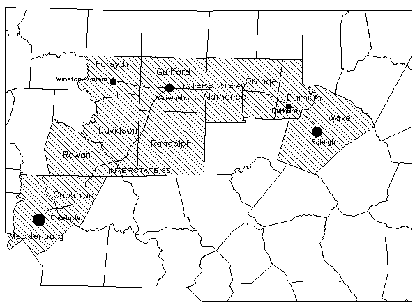 "The Interstate 85 and 40 Corridor through the Piedmont or the "Urban Piedmont Crescent." Image courtesy of the NC State University- Extention Foresty- Natural Resources Inventory of North Carolina. 